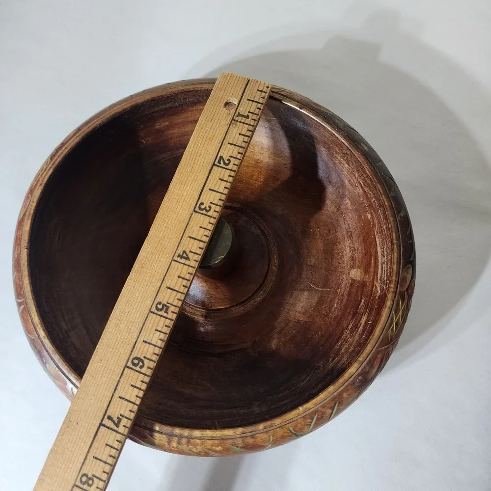 Vintage Hand Carved Wooden Nut Bowl Set with Mallet and Metal Anvil India Floral